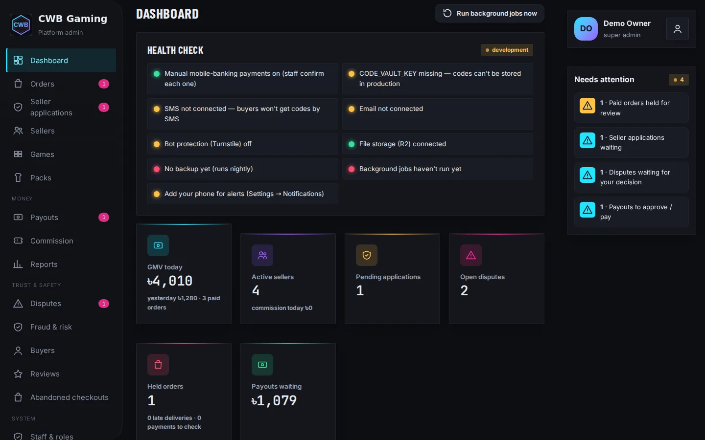 Screenshot of the CWB Gaming — Platform Admin demo