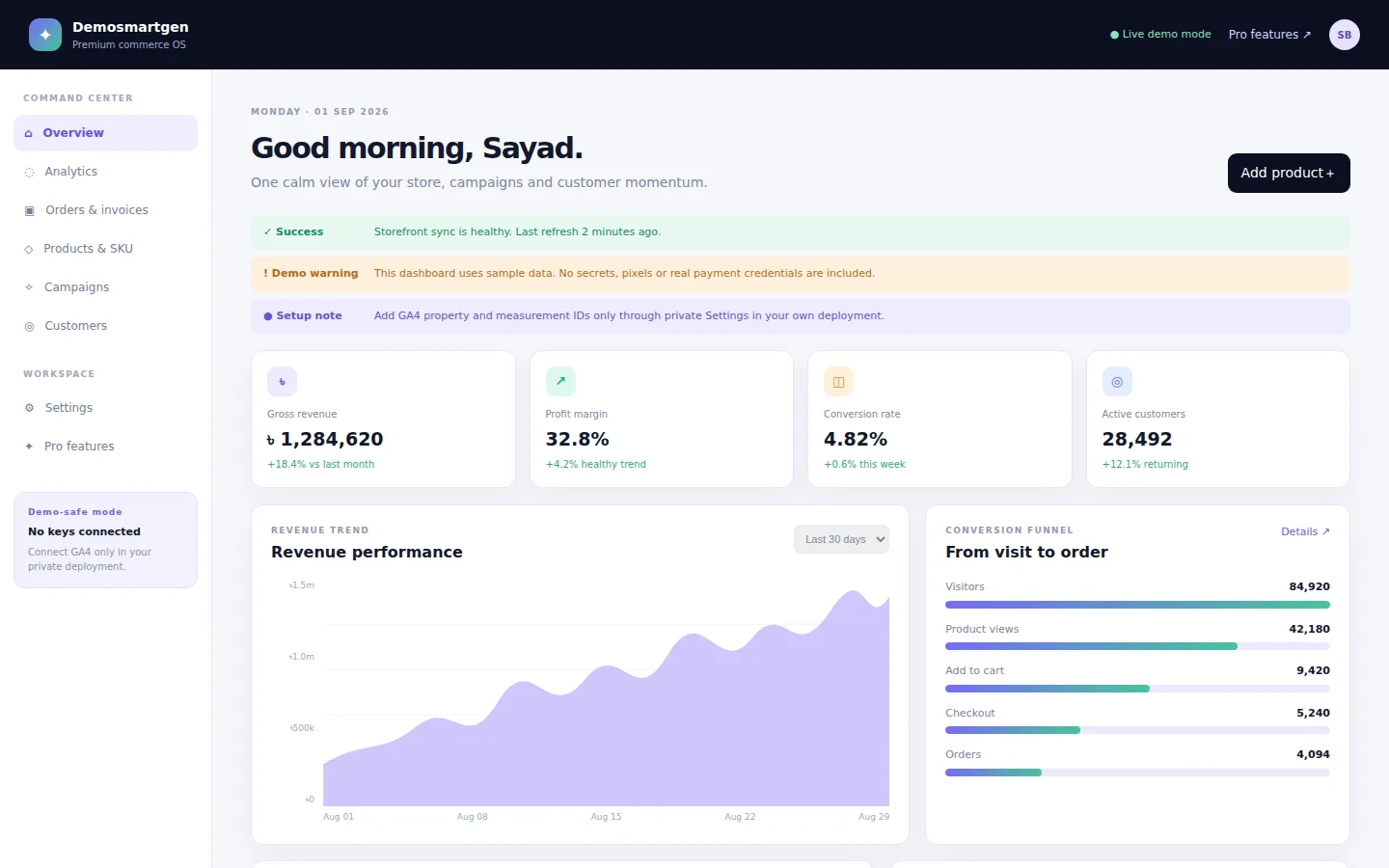 Screenshot of the SmartGen Commerce OS demo