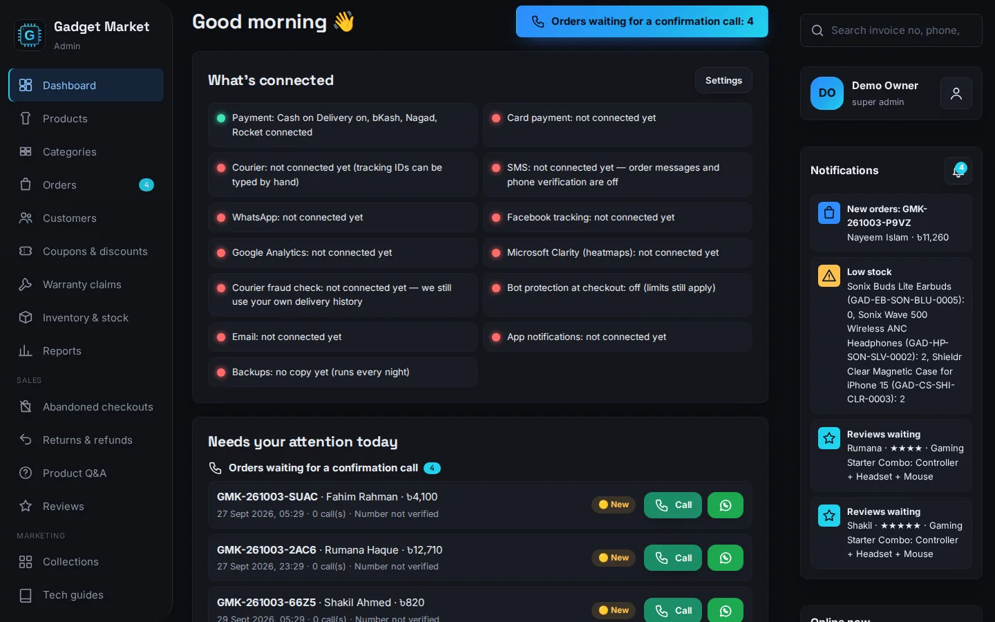Screenshot of the Gadget Market — Admin Dashboard demo