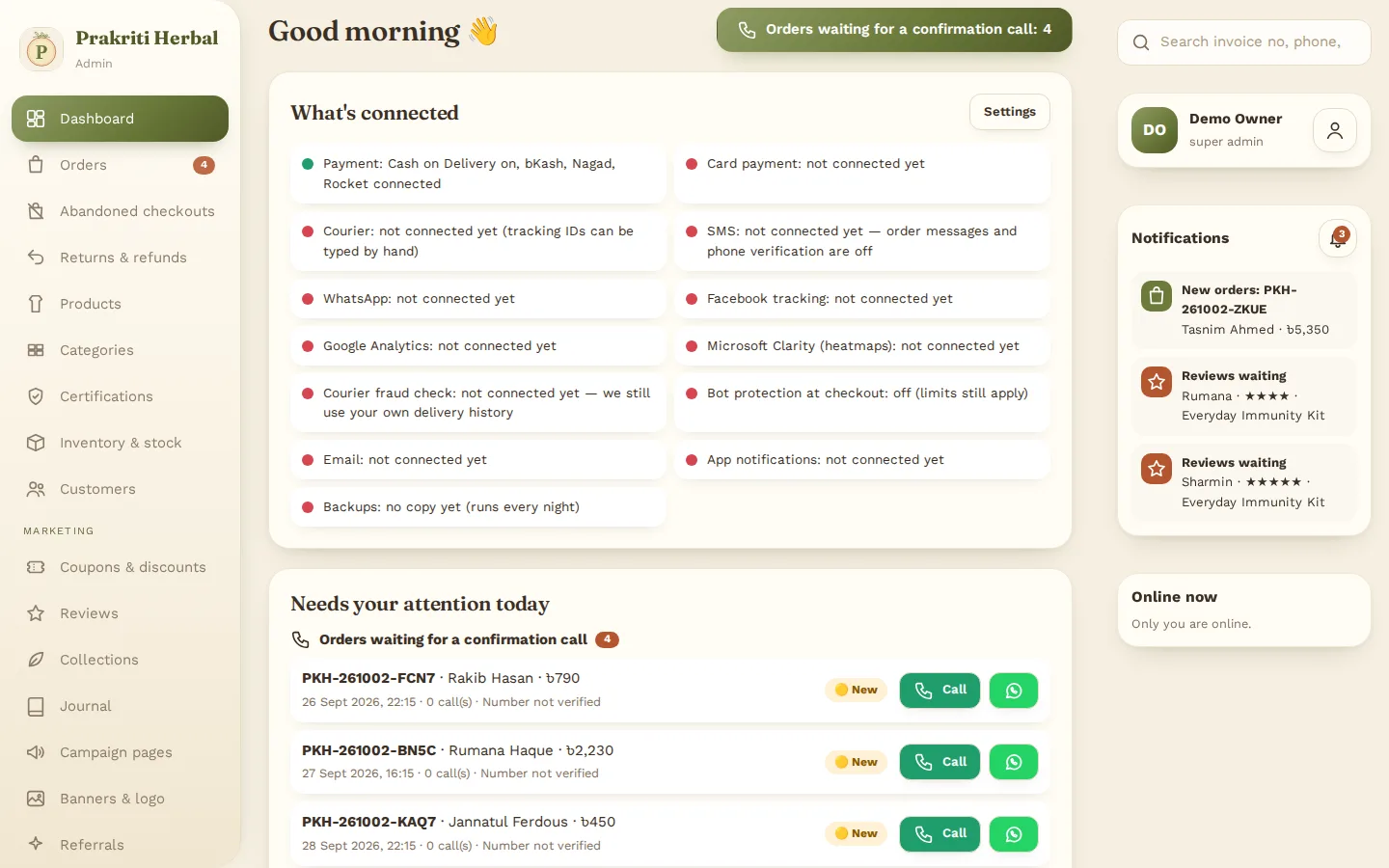 Screenshot of the Prakriti Herbal — Admin Dashboard demo