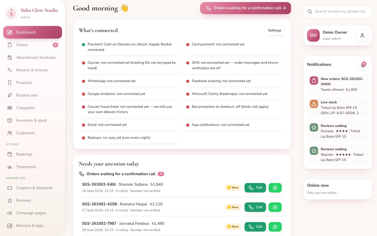 Screenshot of the Sidra Glow Studio — Admin Dashboard demo