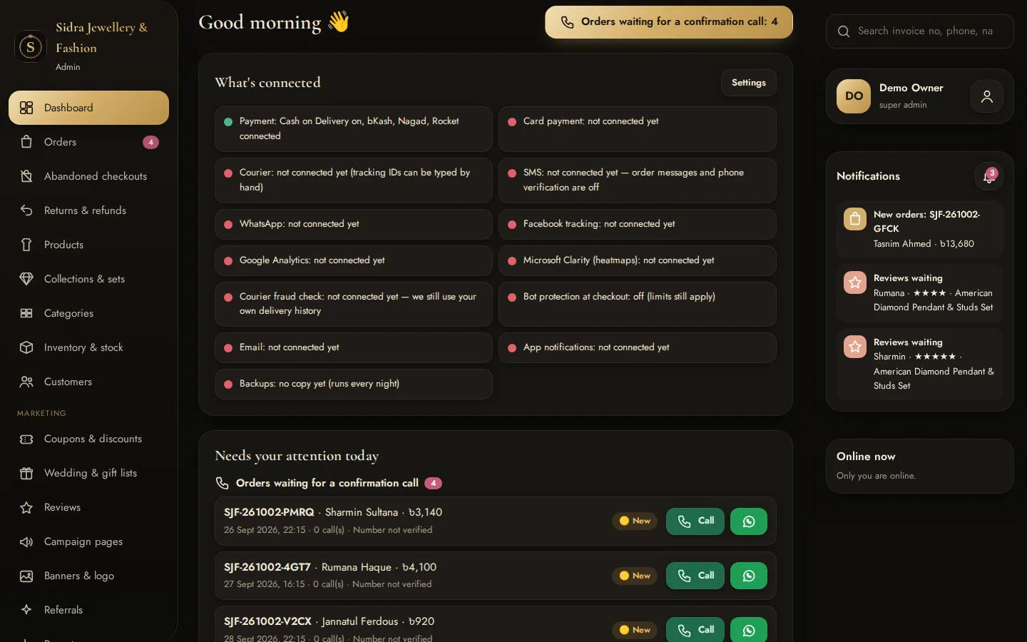 Screenshot of the Sidra Jewellery & Fashion — Admin Dashboard demo