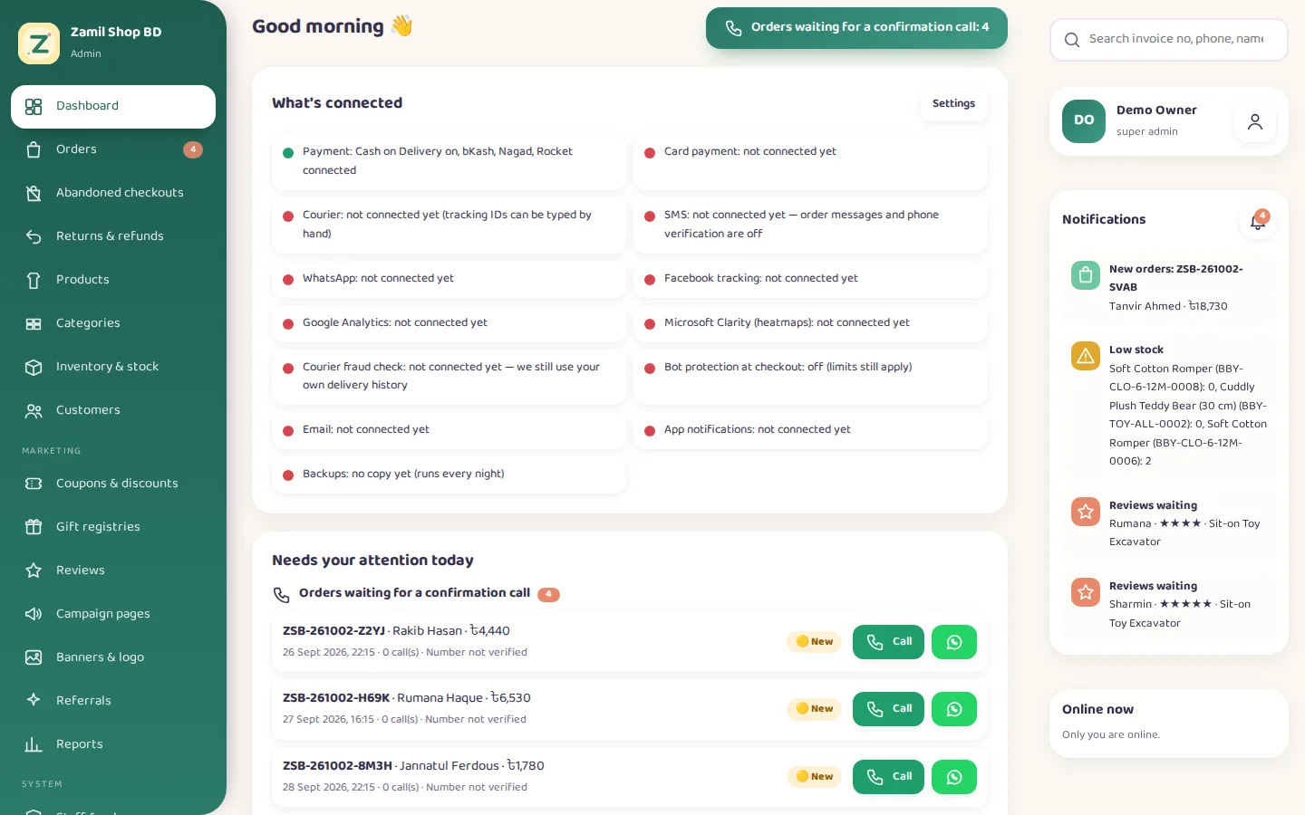 Screenshot of the Zamil Shop BD — Admin Dashboard demo